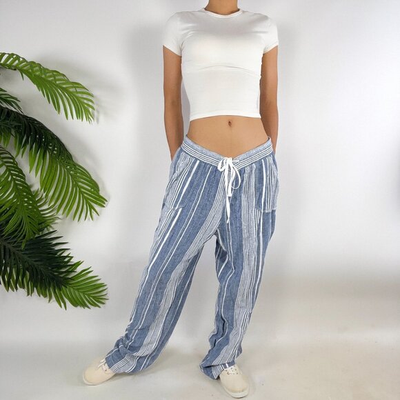 Vintage Y2K Blue Striped Casual Coastal Chic Linen Baggy Lounge Pants / 14/16W - Picture 1 of 7